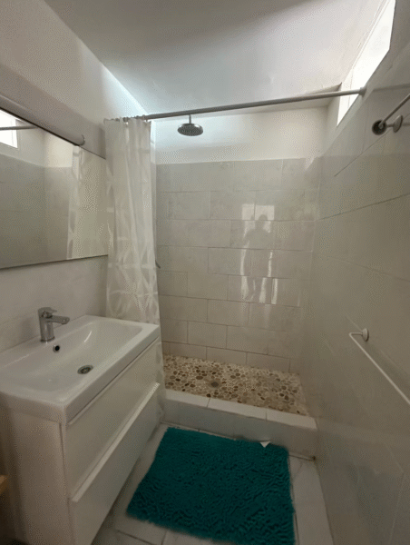 Salle de bain du studio avec vasque blanche et douche à l'italienne.